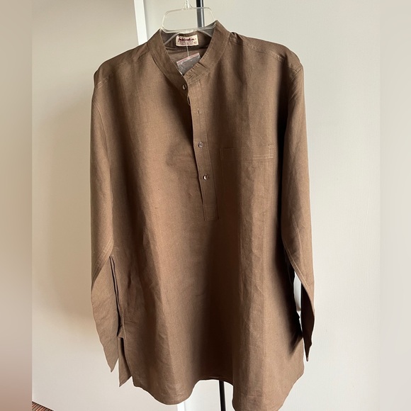 NWT FabIndia  Men’s Taupe Beige Brown Woven Linen Blend Nehru Kurta Sz 42 XL - Picture 5 of 7